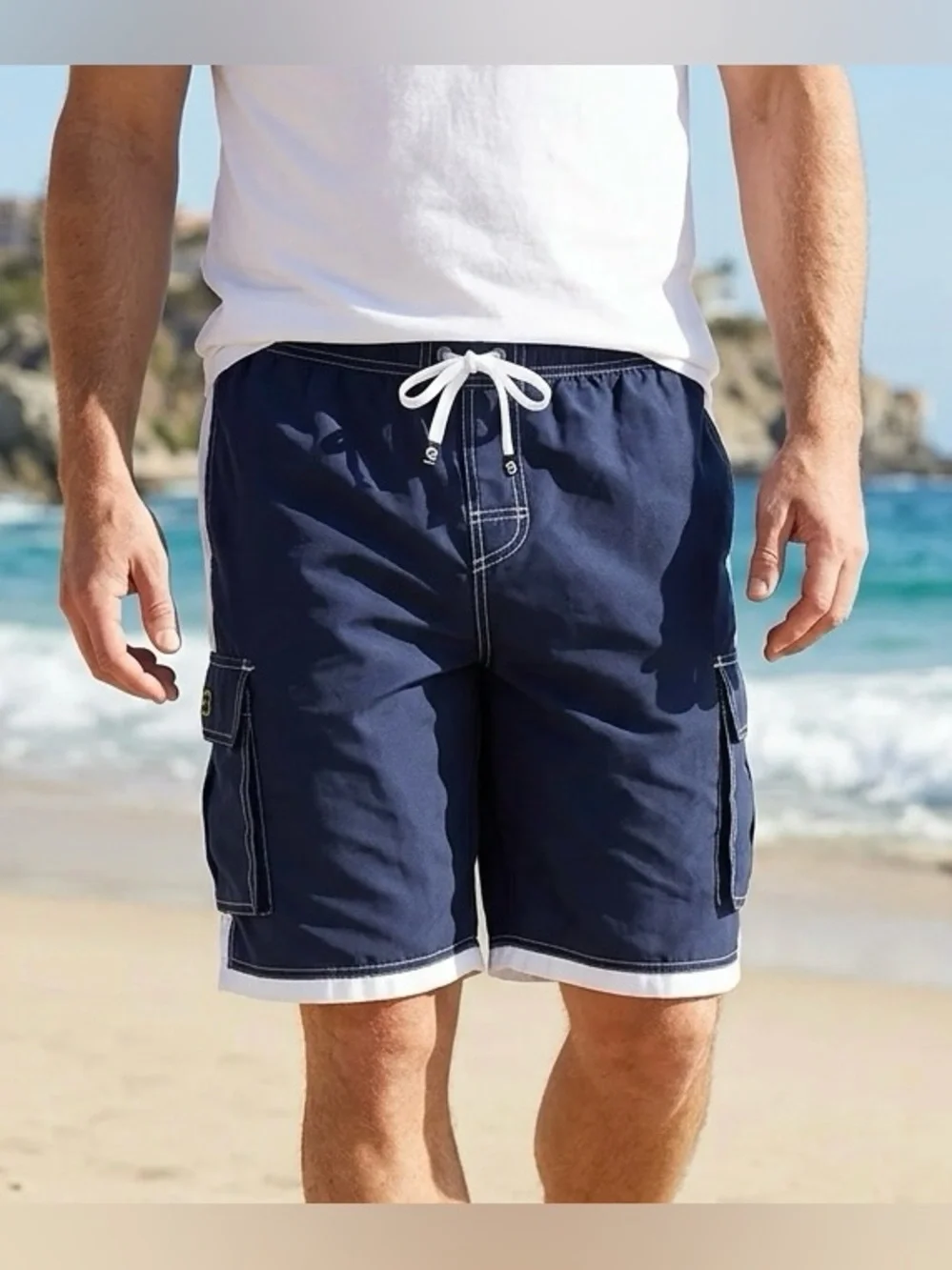 B.Split Cargo Board Shorts Mens L Navy Blue White Swim Surf Trunks Retro Banana
